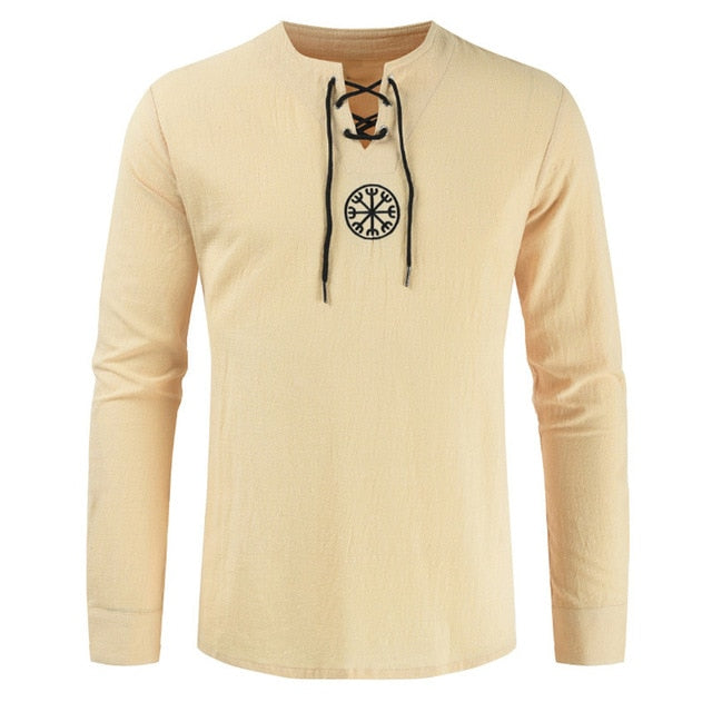 2020 New Unique Design Vintage Style Men Plus Size Ancient Viking Embroidery Lace Up V Neck Long Sleeve T-Shirt Top trendy - Olasit