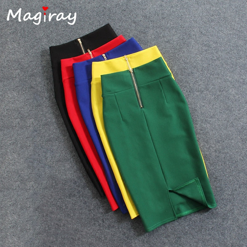 Magiray High Waist Elastic Pencil Skirt Female Bodycon Skirts Womens Summer 2020 Knee Length Back Split Ladies Office Saia C571 - Olasit