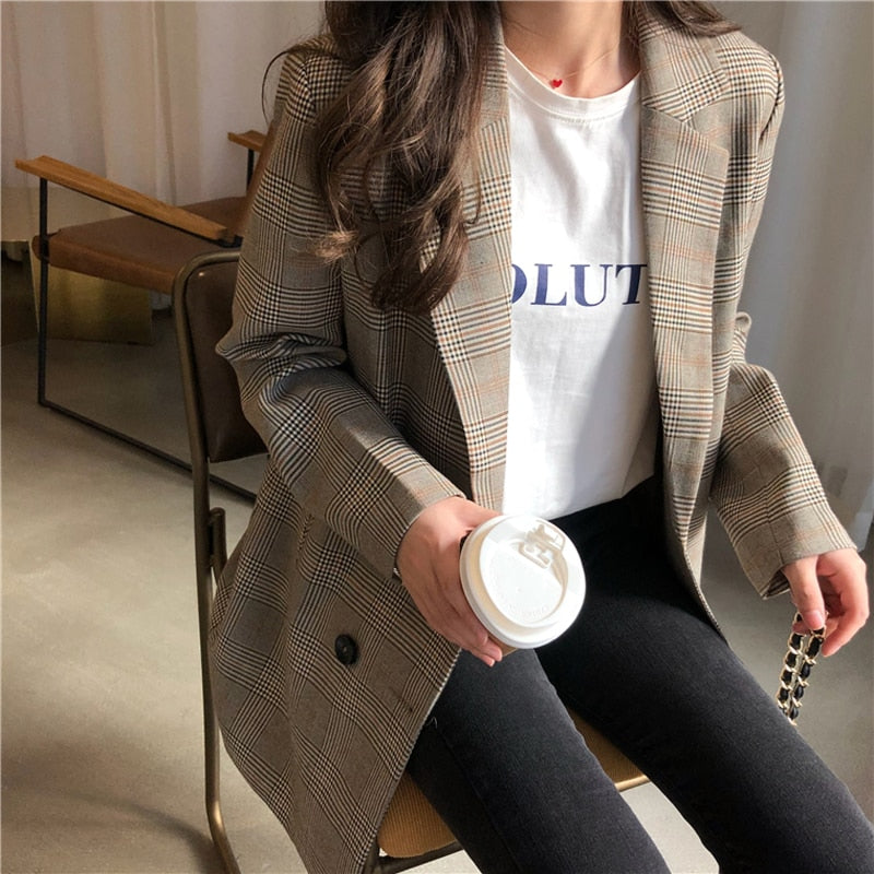 Office Ladies Notched Collar Plaid Women Blazer Double Breasted Autumn Jacket 2020 Casual Pockets Female Suits Coat - Olasit