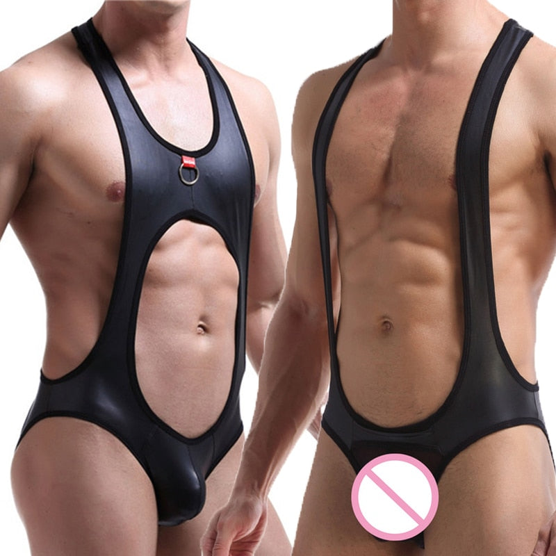 Sexy Men Undershirts Jockstrap PU Leather Jumpsuits Lingerie Backless Crothless Gay Underwear Wrestling Singlet Latex Bodysuits - Olasit