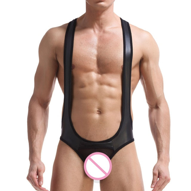 Sexy Men Undershirts Jockstrap PU Leather Jumpsuits Lingerie Backless Crothless Gay Underwear Wrestling Singlet Latex Bodysuits - Olasit