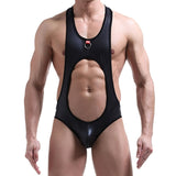 Sexy Men Undershirts Jockstrap PU Leather Jumpsuits Lingerie Backless Crothless Gay Underwear Wrestling Singlet Latex Bodysuits - Olasit