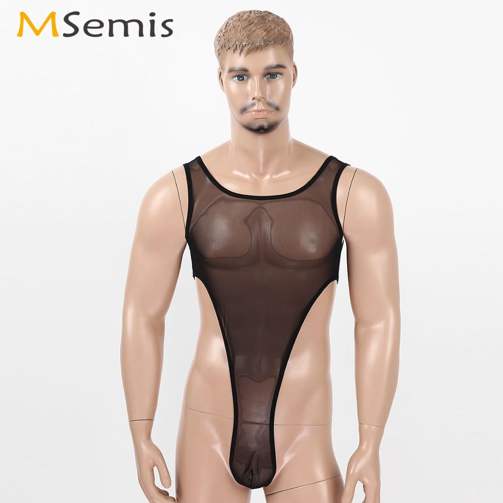 Mens Sheer See Through Mesh Lingerie Sissy Sleeveless Sexy Deep U High Cut Thong Leotard Gay Nightwear Erotic Singlet Bodysuit - Olasit