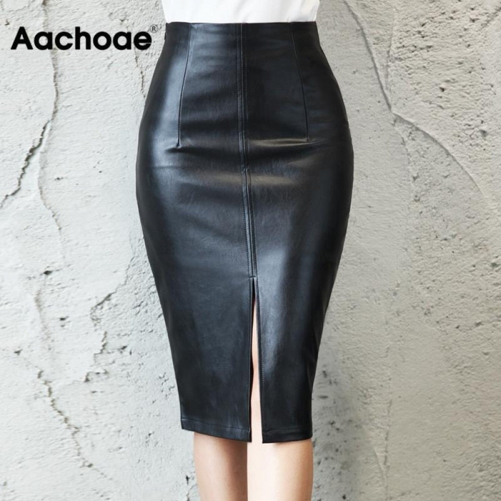 Aachoae Black PU Leather Skirt Women 2020 New Midi Sexy High Waist Bodycon Split Skirt Office Pencil Skirt Knee Length Plus Size - Olasit