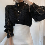 Petal Sleeve Stand Collar Hollow Out Flower Lace Patchwork Shirt Femme Blusas All-match Women Blouse Chic Button White Top 12419 - Olasit